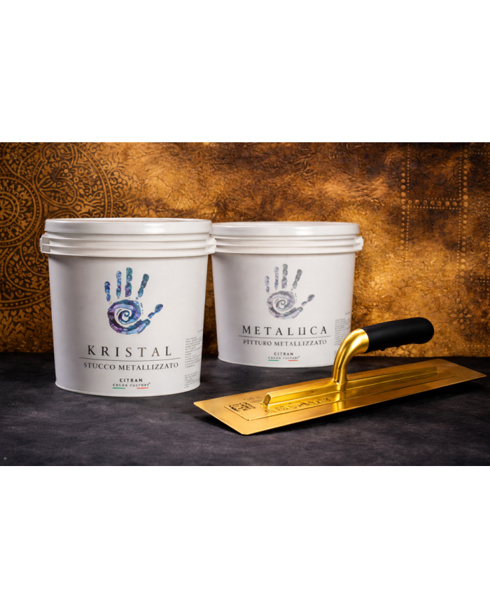 Kit enduit métal nacré – Kristal + Metallica oro + platoir CO.ME